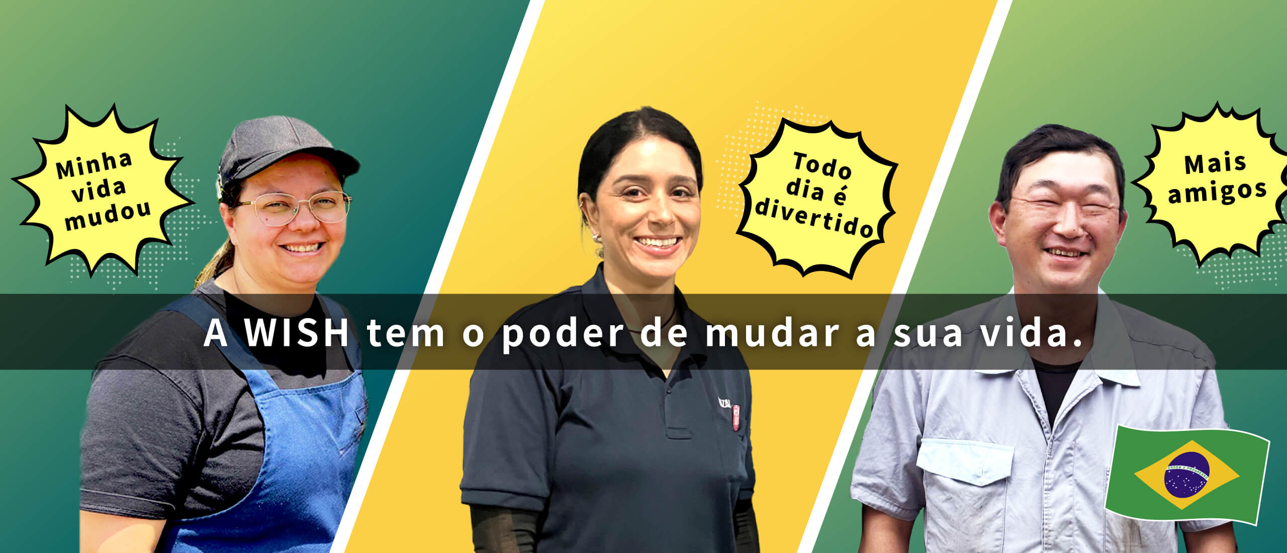 Os balões de fala dos três trabalhadores estrangeiros sorridentes dizem coisas como: "Minha vida mudou", "Todo dia é divertido" e "Fiz mais amigos".