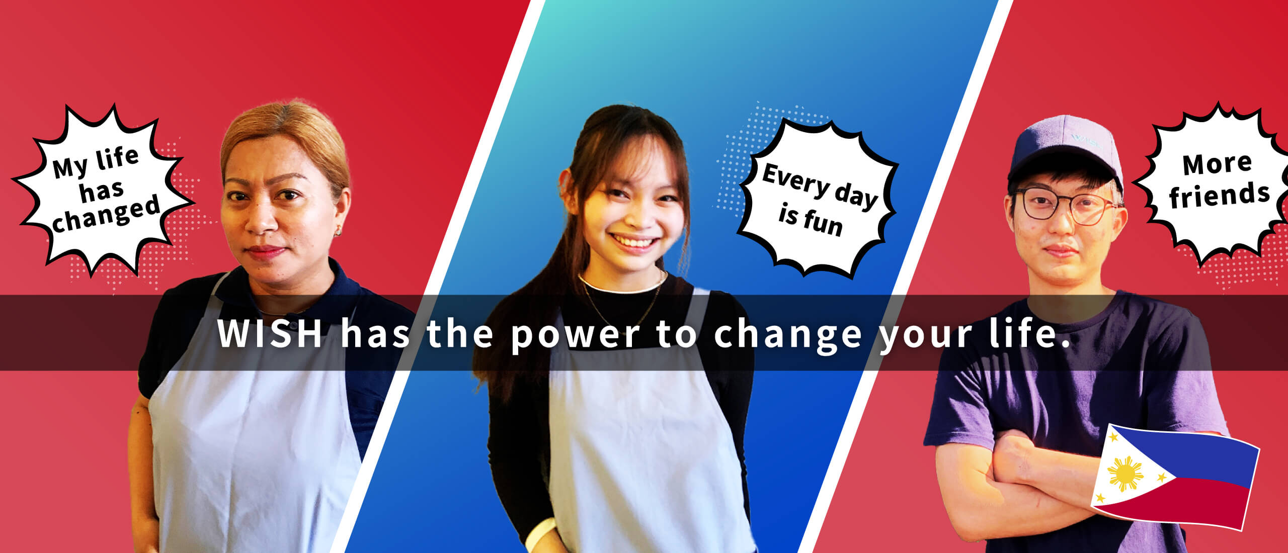 The three foreign workers wrote in speech bubbles with smiles on their faces, "My life has changed," "Every day is fun," and "I've made more friends."
