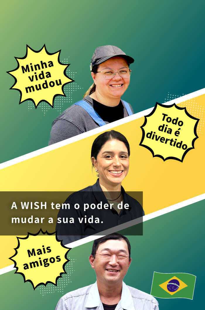 Os balões de fala dos três trabalhadores estrangeiros sorridentes dizem coisas como: "Minha vida mudou", "Todo dia é divertido" e "Fiz mais amigos".