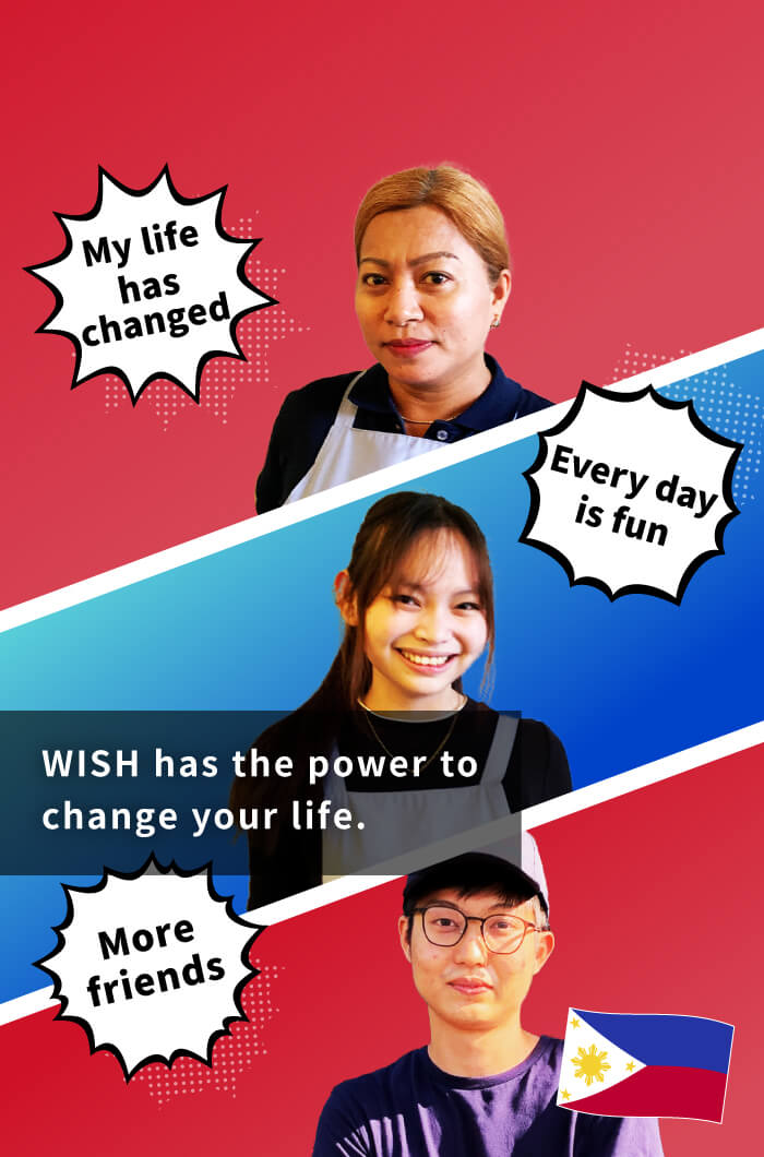 The three foreign workers wrote in speech bubbles with smiles on their faces, "My life has changed," "Every day is fun," and "I've made more friends."